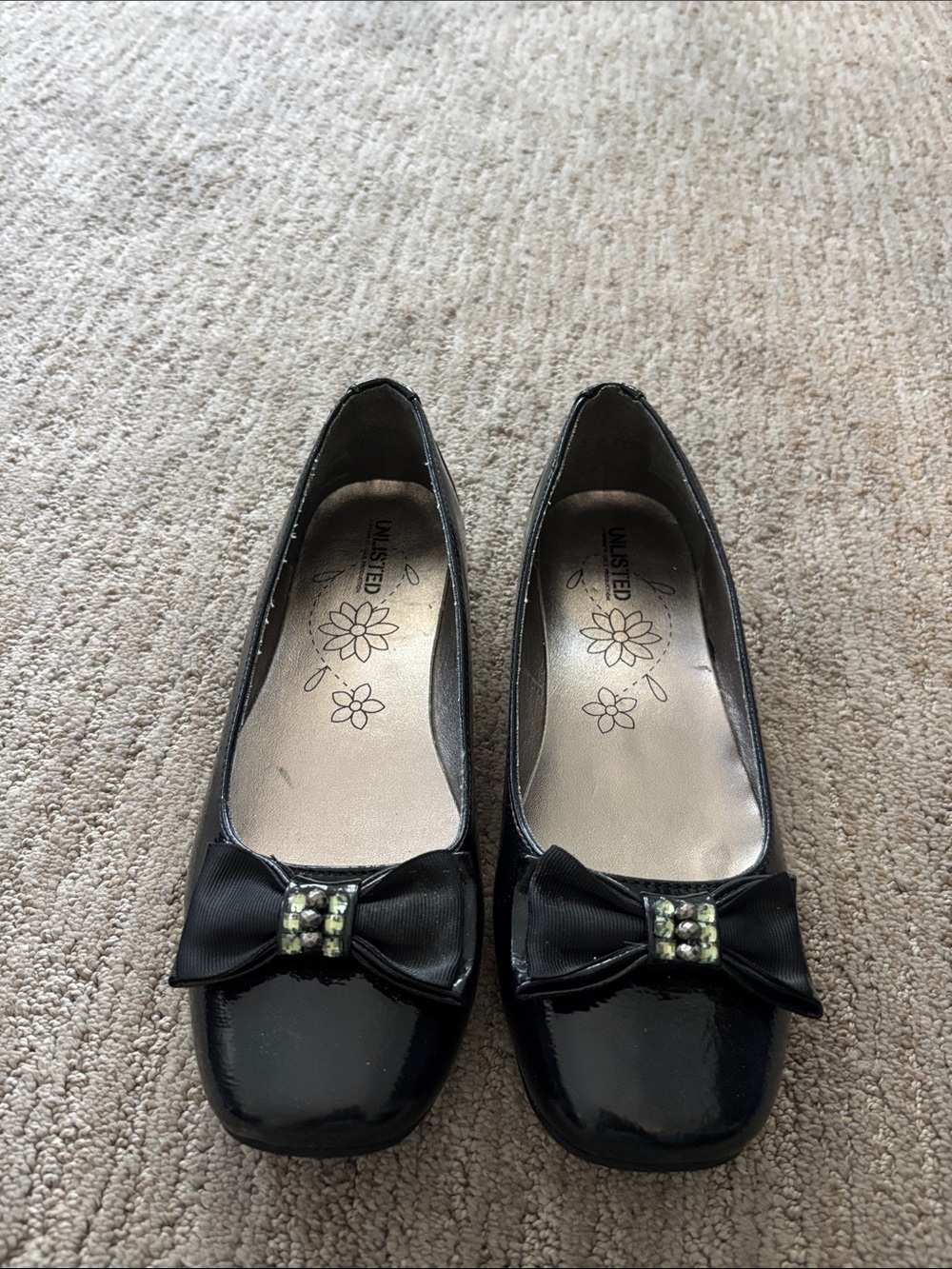 Unlisted Black Patent Bow Flats with Rhinestone Accent